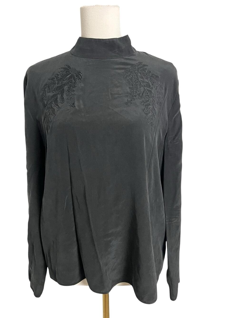 Baldwin Silk Blouse Womens Large Black Mock Neck Long Sleeve Embroidered Top